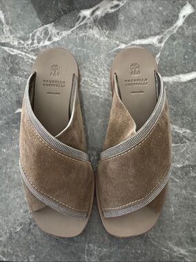 Brunello Cucinelli Brown Suede Cross-Over Slide Sandals